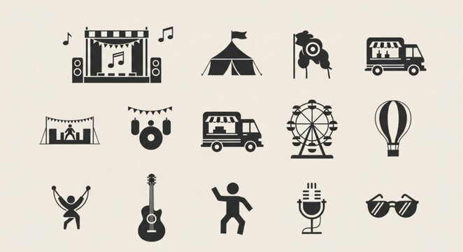 Collection of music festival icons and symbols.