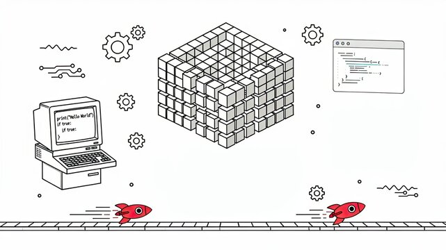 Illustration showing vintage computer coding blocks with rockets and gears on white background for technology concepts.