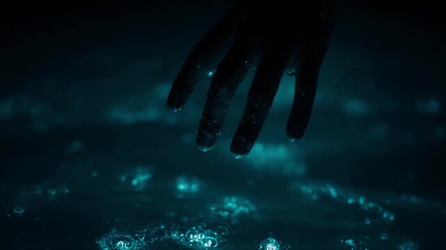 手に輝く海の発光プランクトン　幻想的な夜の海マクロ映像