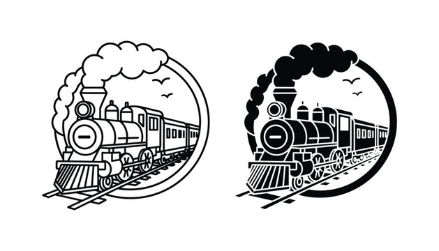 Vintage steam locomotive train inside circular frame line art and solid silhouette icon set for transportation themes