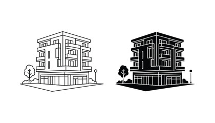 Modern isometric building architecture icon featuring multi-story residential apartment block in clean black and white vector line art for urban planning or real estate branding © Mystic