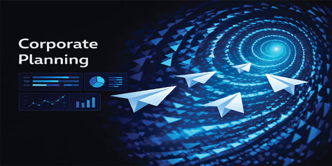 Fototapeta premium Business Development Growth Concept with Digital Data Spiral and Tree Symbol, Analytics Dashboard, Corporate Strategy Progress, Innovation Expansion, Futuristic Blue Technology Background with Copy Sp