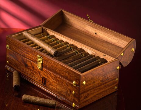 Wooden humidor with open lid, containing cigars, placed on a rich surface