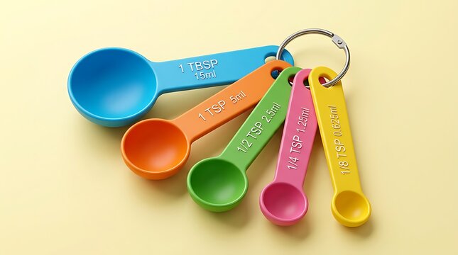 Colorful measuring spoons set with different volume markings for kitchen and baking use