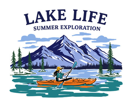 Lake life summer exploration. Kayak adventure mountain illustration. Outdoor vector graphic for t-shirt. Forest and river artwork. Nature exploration.