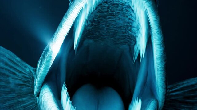 深海の捕食　アンコウの攻撃　獲物視点　発光する牙と闇