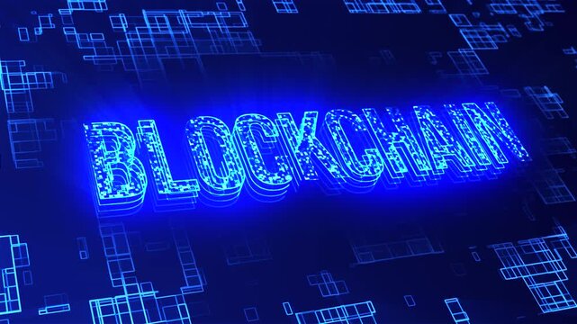 Blockchain text digital letters glow with blue light