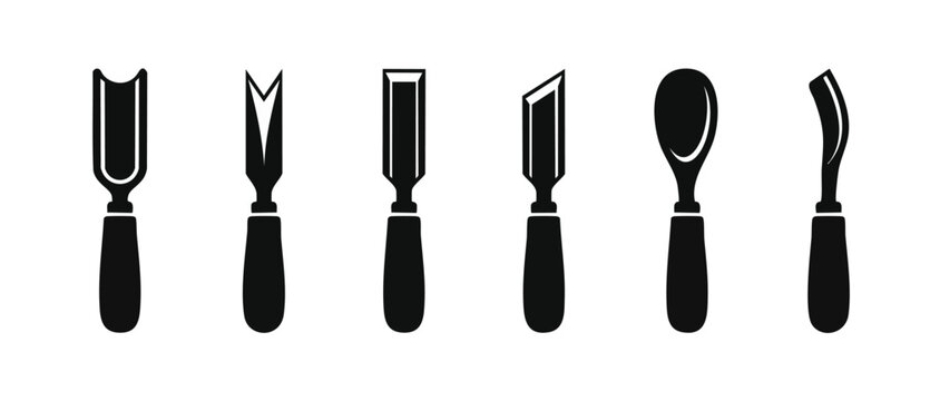 Wood carving chisels set collection for woodworking projects, carpenter tools with different blades for shaping, whittling, gouging, and manual craft detail work isolated on white background flat icon