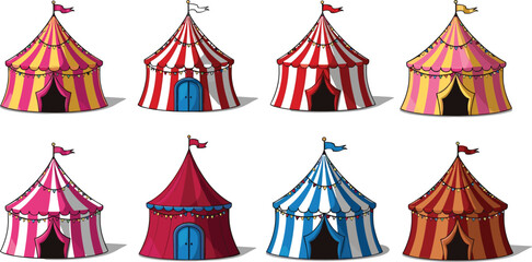 Circus tent vector set featuring colorful striped carnival tents in playful festive illustration style for amusement and fair design © mdanichur
