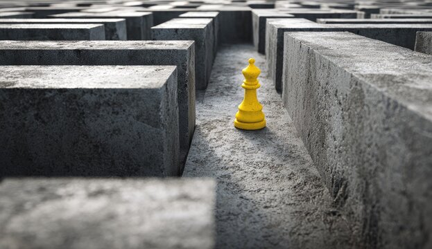 Single yellow chess piece stands alone in a complex, dark, concrete maze