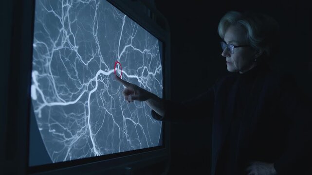 Senior female doctor pointing at a glowing digital screen showing complex vein patterns inside a dark laboratory representing advanced neurology research and futuristic medical diagnostics