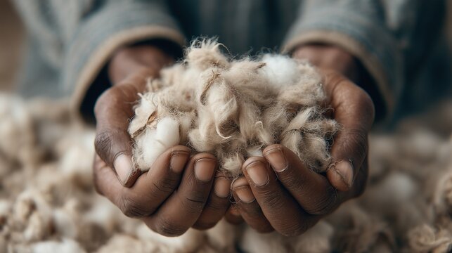 Hands holding the fibers of raw wool or cashmere. Dark-skinned adult hands clasping raw fleece made of natural wool, the choice of raw materials and the concept of textile fiber.