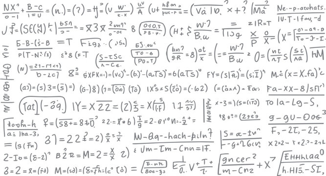 Handwritten mathematical equations and formulas in grey ink on a white background with various symbols and notations