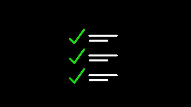 Checklist icon animation with clipboard checklist and check symbols. Checklist icon for task list, approval list and document checklist on black background