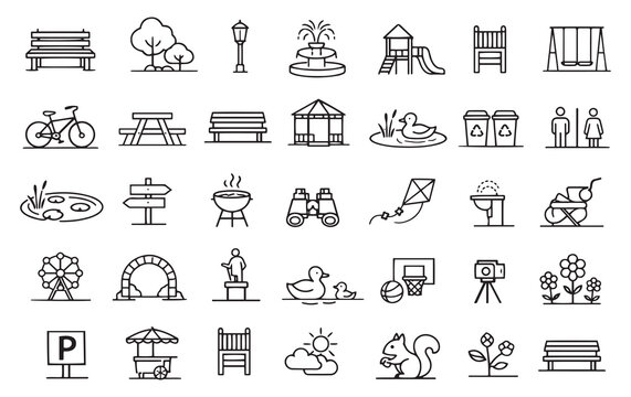 city park recreation public space outdoor leisure activities editable line icons