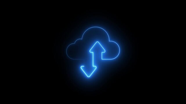 Glowing neon cloud storage with arrows, looped animation 4k on black background