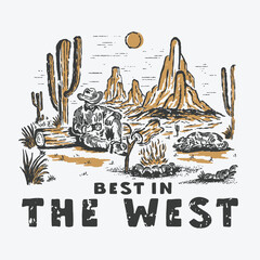 Vintage western illustration featuring a relaxed cowboy sitting by a campfire in a desert landscape, surrounded by cacti and rocky mountains under the sun. The scene includes rustic elements like a lo © DABROY