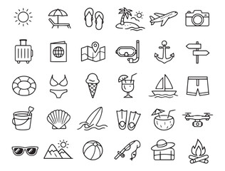 Fototapeta premium summer vacation travel tourism beach holiday outdoor adventure line icons
