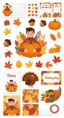 Obraz premium Festive Autumnal Collection: Whimsical Thanksgiving Illustrations and Designs in Warm Tones