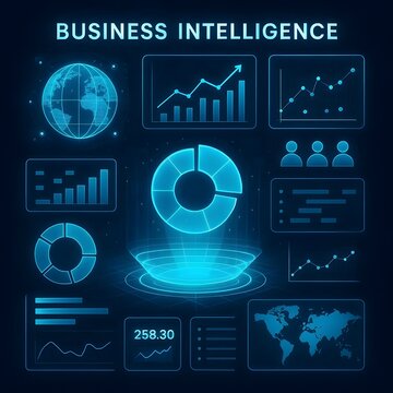 Business Intelligence Holographic Dashboard with Global Data Visualization, Financial Charts, User Analytics, and Interactive Infographic Elements