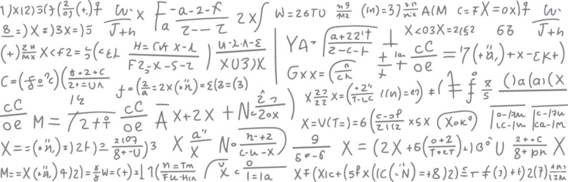 Hand drawn gray mathematical equations and formulas on a white background mathematics science