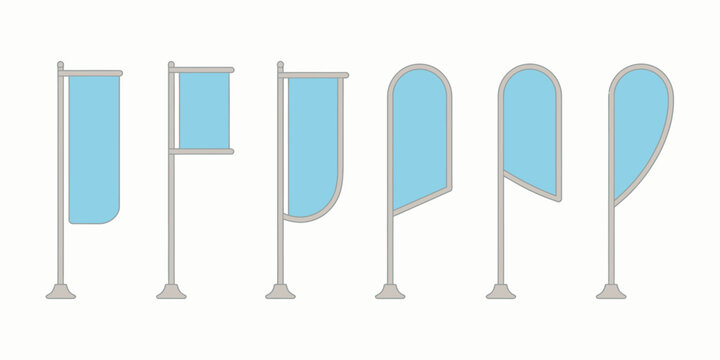 Promotional Feather Flags Vector Template Set, Isolated Mockups of Sail, Blade, Teardrop and Quill Shapes for Event Design, Advertising Displays and Outdoor Marketing