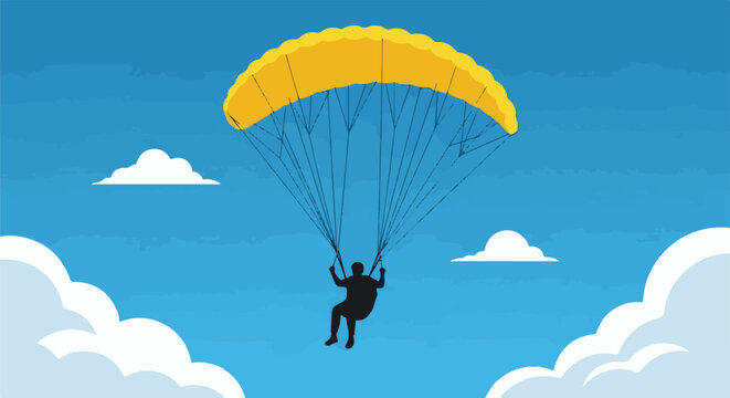 Silhouette of a paraglider floating serenely through a bright blue sky