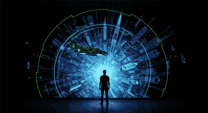 Silhouette of a person facing a glowing portal with futuristic city and spacecraft