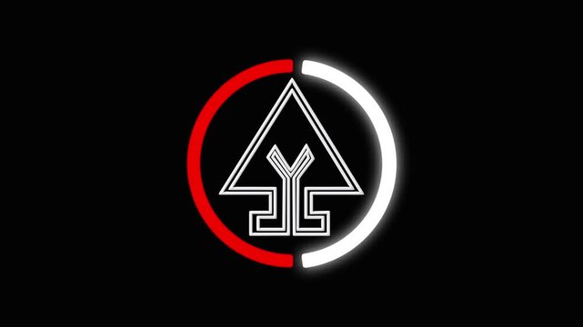 Modern Geometric Arrow Logo Icon With Red And White Circular Border On Black Background Security Minimalist Or Startup Identity Abstract Tech Symbol For Branding. 