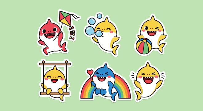 Collection of charming cartoon shark characters engaged in playful adventures, ideal for kid-friendly designs and cheerful themes, bringing joy and color