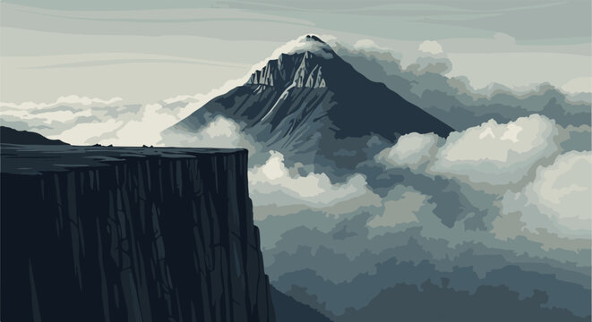 Pixel art cliff edge overlooks a majestic, cloud-shrouded mountain peak