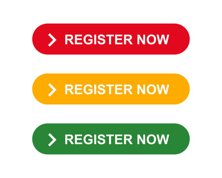 Register Now web buttons set, colorful call to action UI elements, red yellow and green registration icons for website interface design