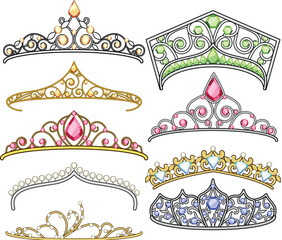Fototapeta premium Collection of elegant tiaras and crowns in various designs, featuring sparkling gems, pearls, and intricate gold and silver details, ideal for royal, bridal, or celebration themes