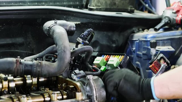 Mechanic repairs electrical system in engine compartment. Man in glove inspects fuse box and relays of vehicle during diagnostic process