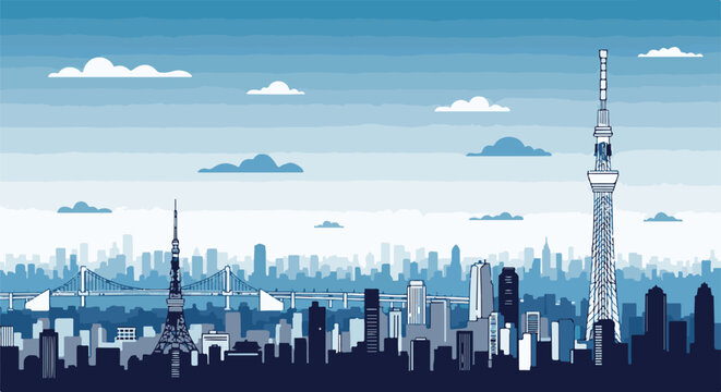 Pixelated blue city skyline with towers and bridge under clouds