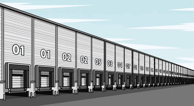 Rows of numbered loading docks along a long, industrial building
