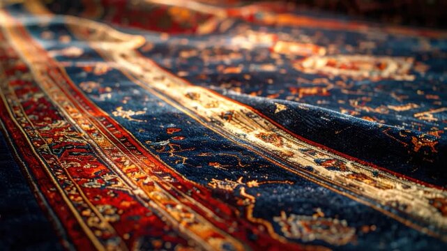 Close-up of a detailed Persian rug with intricate patterns in deep blue red and gold