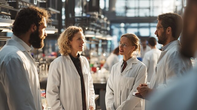 Diverse group of professional scientists talking at laboratory meeting