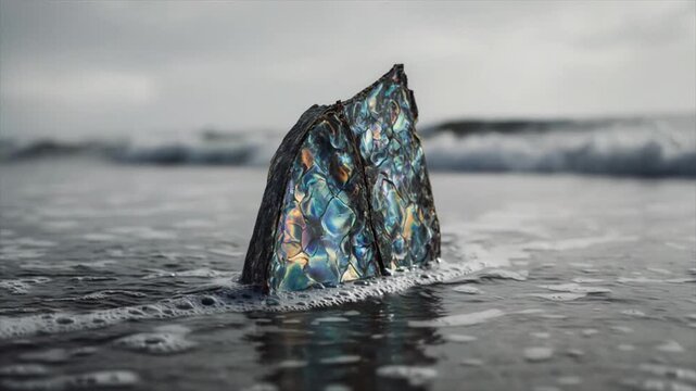 潮だまりに立つムール貝断面・曇り朝の海岸で虹光沢が揺れる映像