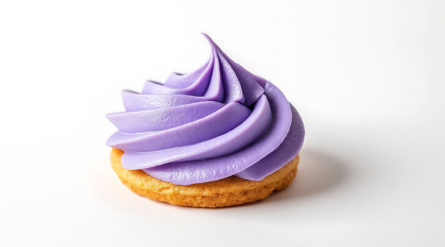 Close up of single round cookie topped with smooth, vibrant purple cream swirled elegantly, creating visually appealing dessert treat