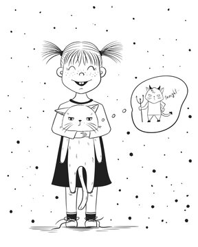 Little girl holding grumpy cat coloring page