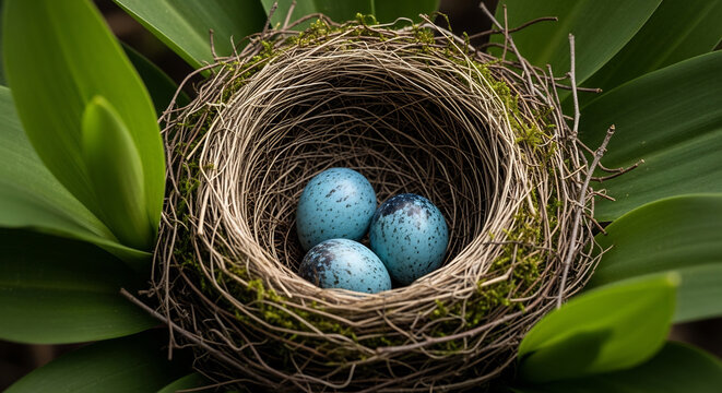 A bird's nest with small speckled eggs hidden in spring branches