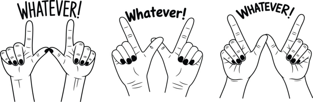 Set of whatever hand gestures with text expressing sarcasm attitude and playful dismissive communication style