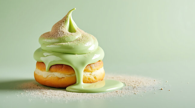 Pistachio green cream puff with smooth glossy icing oozing slightly and dusted with powder on matching background