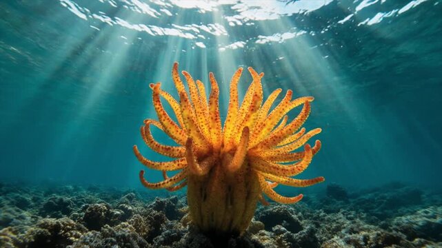 熱帯浅瀬のウミユリ全体像｜サンゴ礁の光差し込む穏やかな水中ワイドショット