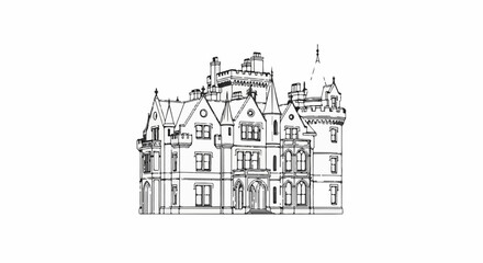 Obraz premium Ornate Gothic-style mansion with multiple turrets, gables, and a round tower