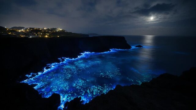 発光する入り江　断崖から見下ろす生物発光プランクトンの湾