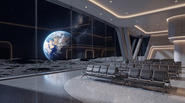 Luxury futuristic terminal interior with empty seats and panoramic glass overlooking the Moon surface and Earth in space. Cinematic sci fi travel concept with sleek architecture and cosmic atmosphere.