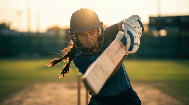 Young female cricket player hitting the ball during a game on a sunny day.