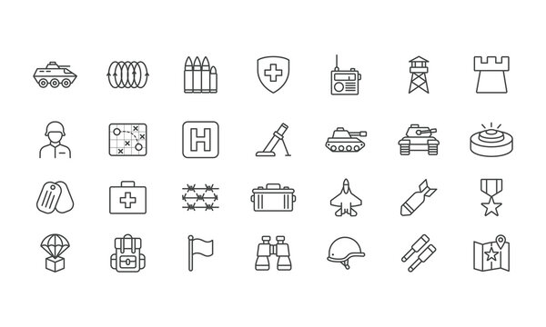 Military Theme Outline Icons Set Representing Warfare Equipment and Personnel for Digital Projects